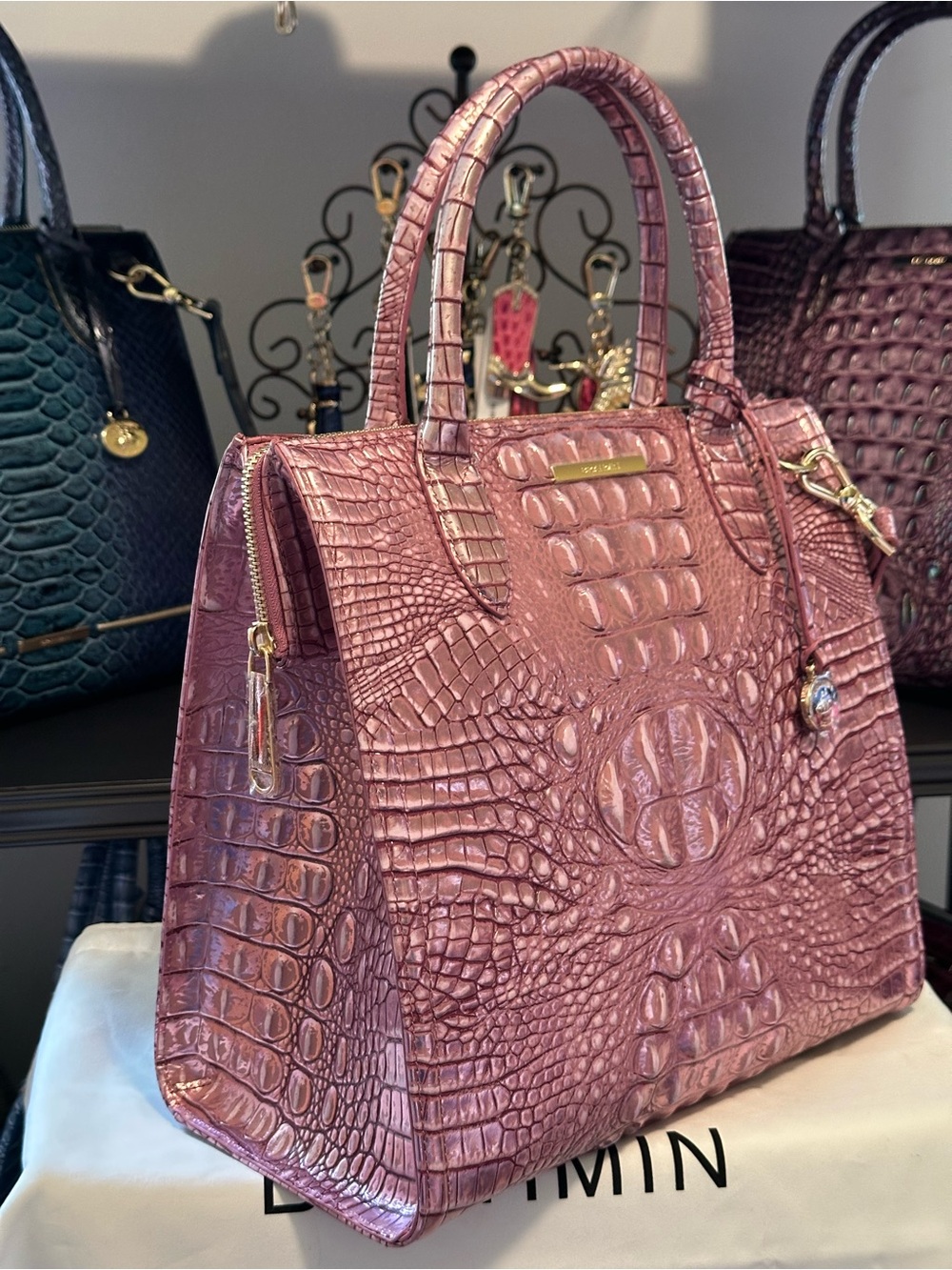 Brahmin Mulberry Potion Large Caroline Pink Croc-Embossed Satchel